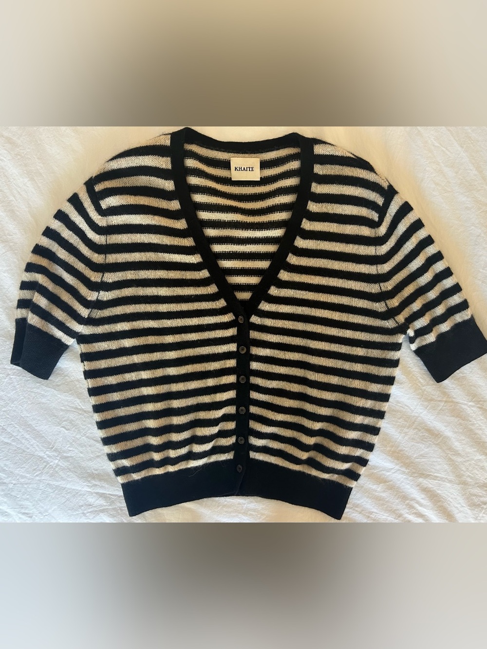 Khaite Black and Cream Striped V-Neck Cardigan cashmere